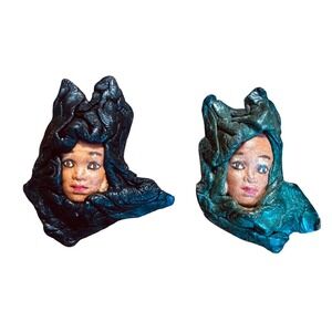 Vintage Martinique Leather Face Brooches Handcrafted Folk Art Pins Teal Black 2